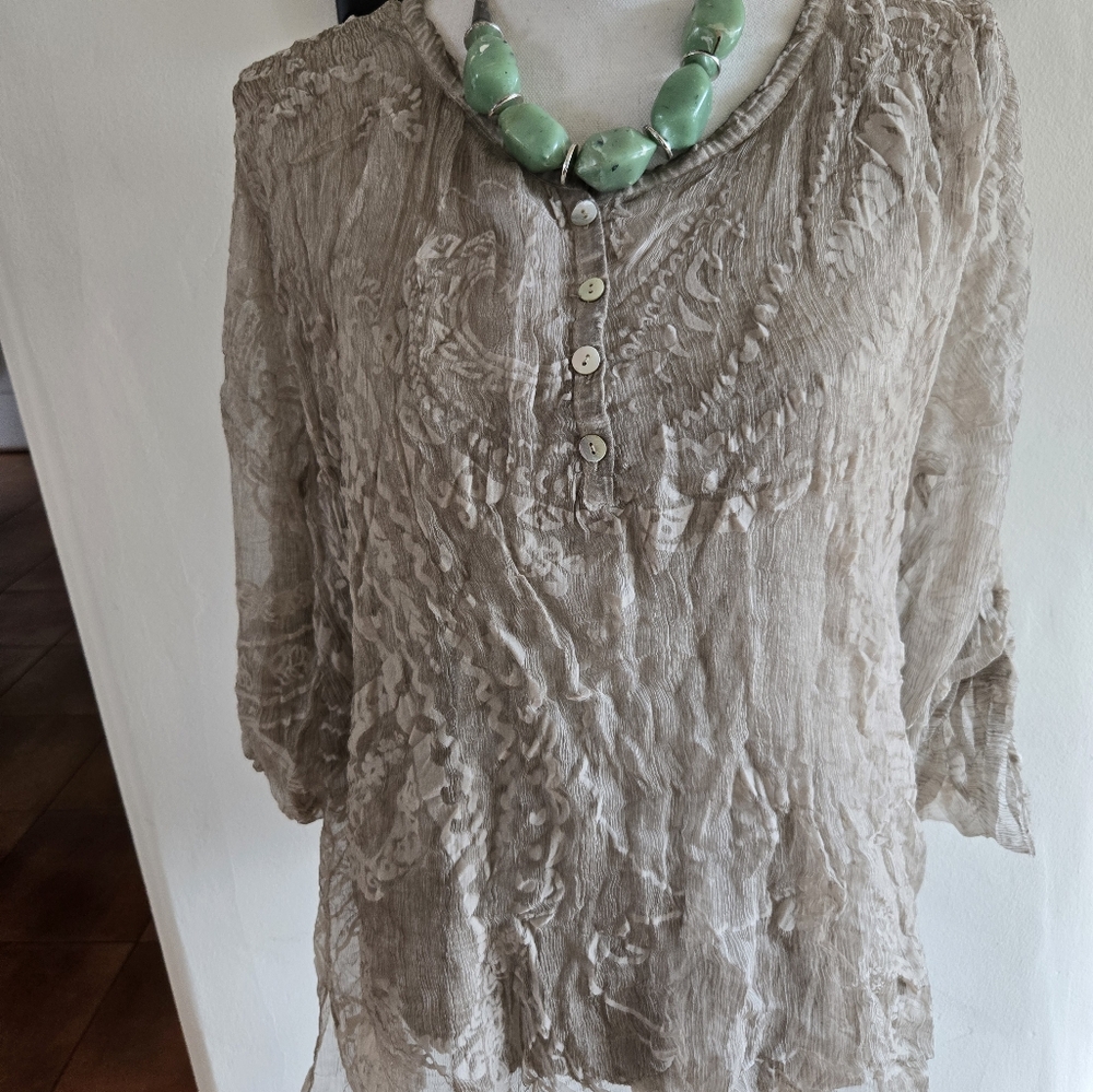 Scandal Taupe Flowy Long Sleeve Silk Boho Sheer Overlay Women's Top
